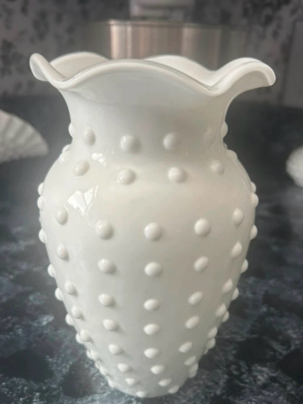 Clear with Milk Glass Overlay Fenton for FTD Vase White Hobnail Scallop Edg